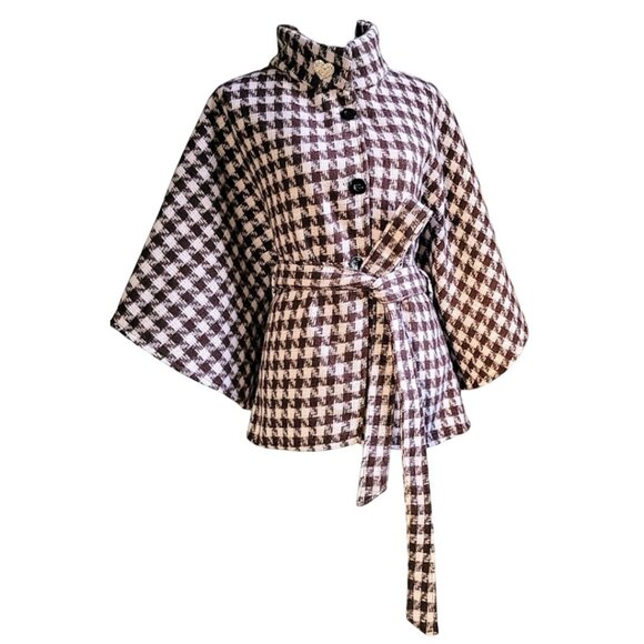JUICY COUTURE PINK BROWN PLAID HOUNDSTOOTH PONCHO CAPE COAT JACKET - Picture 1 of 2